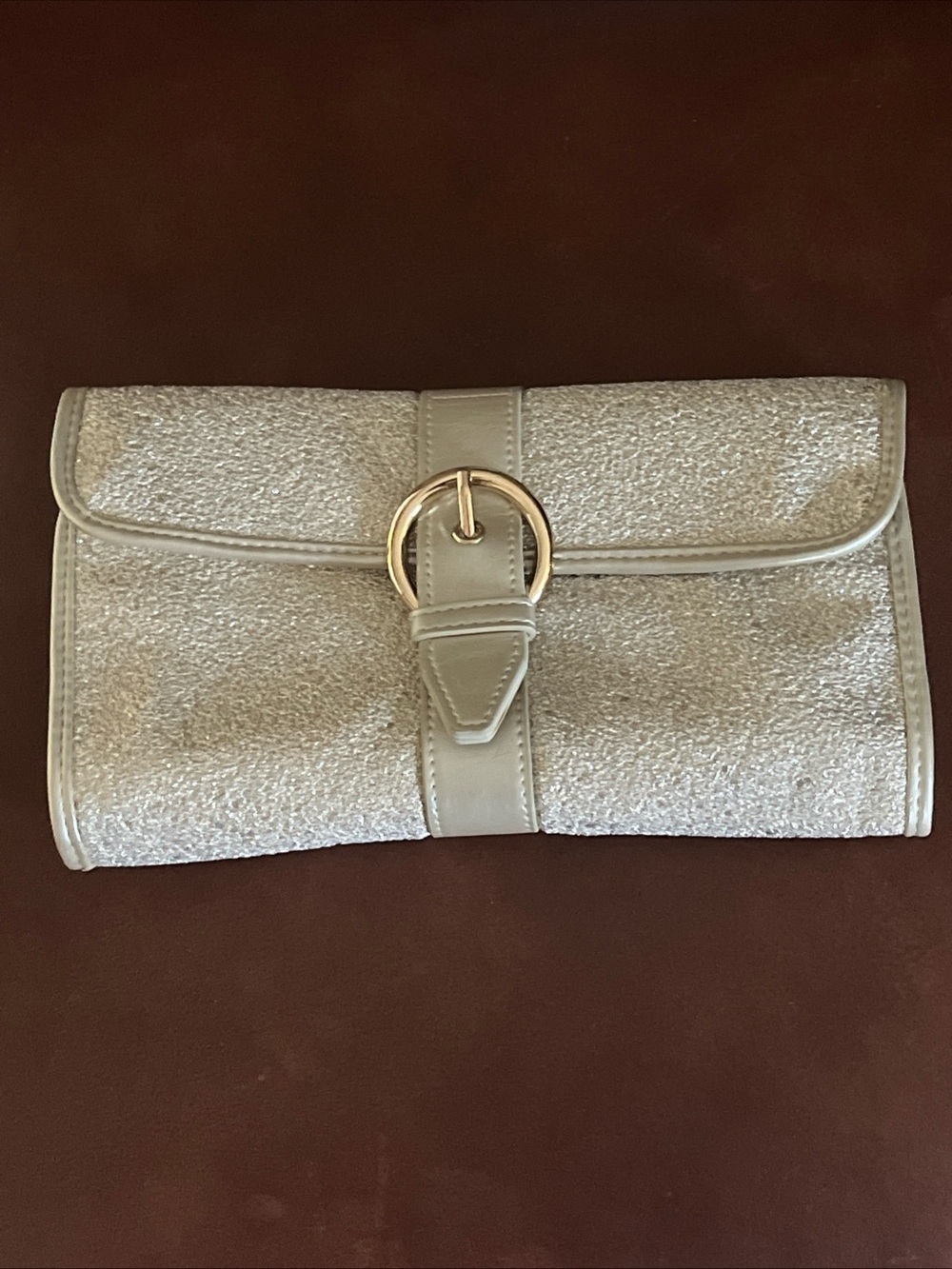 Metallic Silver Fold-Over Clutch with Gold Buckle